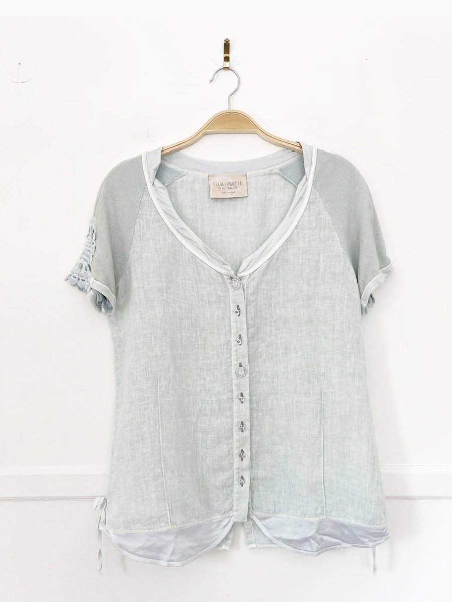 elisa cavaletti linen crochet sleeve full button shirt - good market thrift store