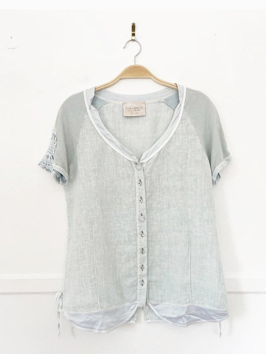 elisa cavaletti linen crochet sleeve full button shirt - good market thrift store