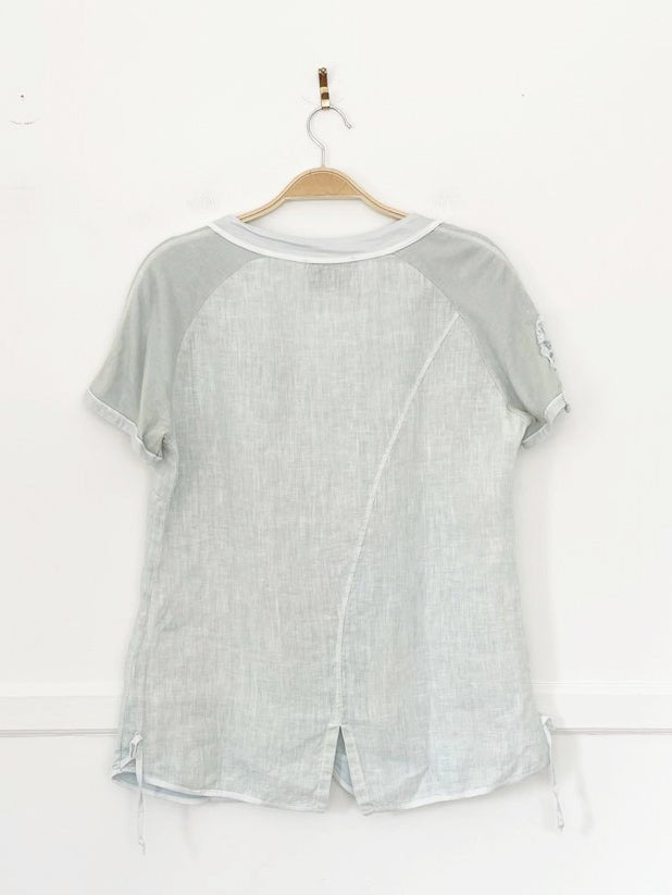 elisa cavaletti linen crochet sleeve full button shirt - good market thrift store