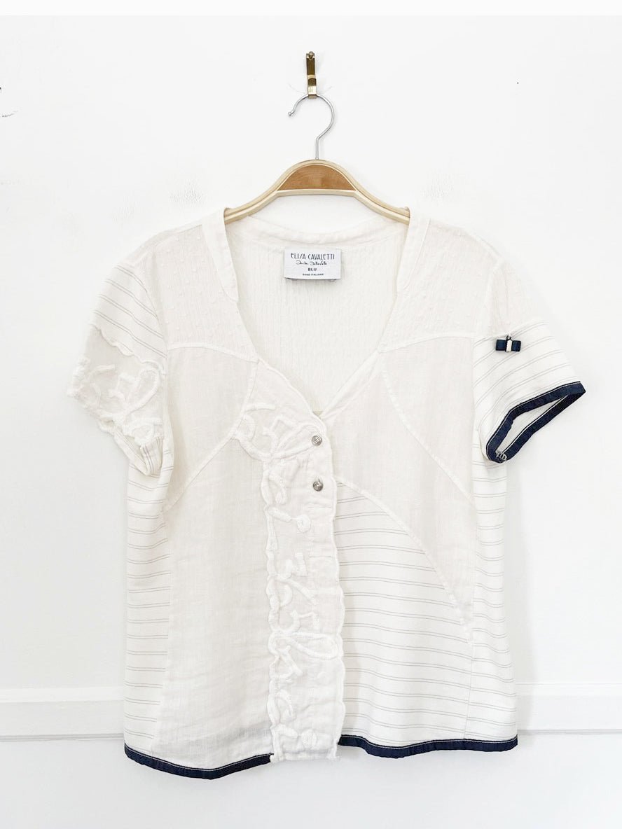 elisa cavaletti linen patchwork full button shirt - good market thrift store