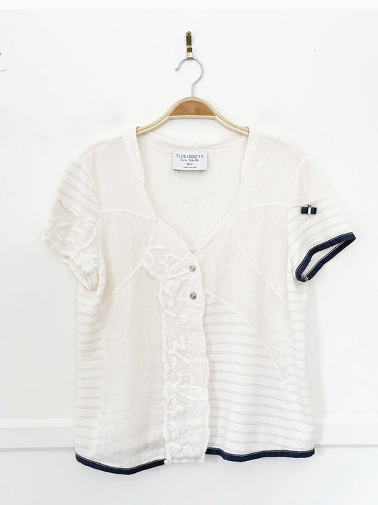 elisa cavaletti linen patchwork full button shirt - good market thrift store
