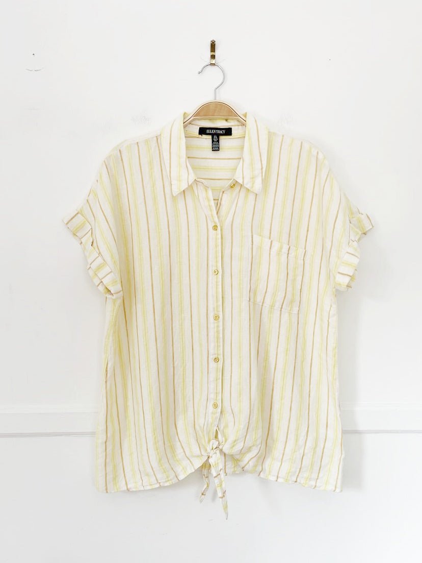 ellen tracey 100% linen stripe tie waist full button shirt - good market thrift store