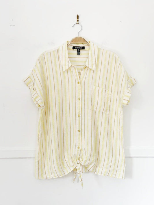 ellen tracey 100% linen stripe tie waist full button shirt - good market thrift store