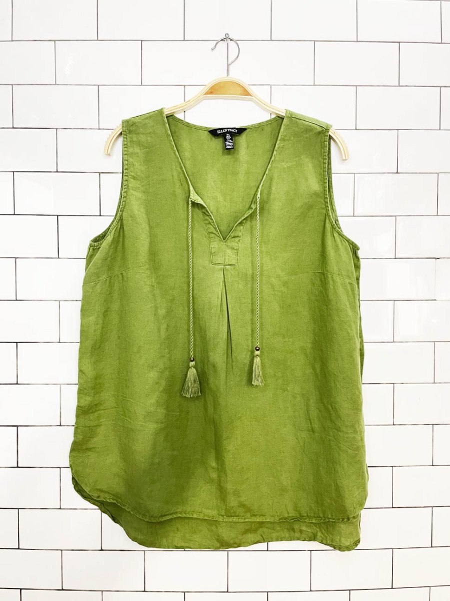 ellen tracy 100% linen sleeveless tassel top - good market thrift store