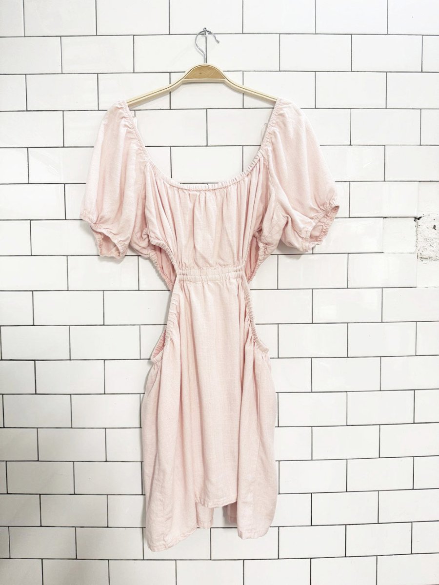elodie linen - blend puff sleeve front tie open sides mini dress | revolve - good market thrift store
