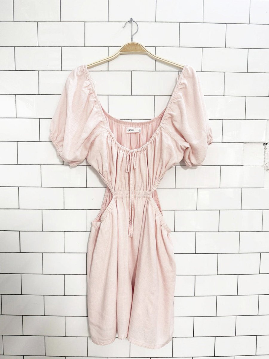 elodie linen - blend puff sleeve front tie open sides mini dress | revolve - good market thrift store