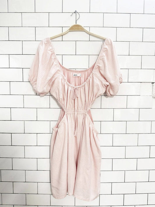 elodie linen - blend puff sleeve front tie open sides mini dress | revolve - good market thrift store