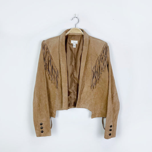 forever 21 tan open suede fringe ranch jacket - size medium