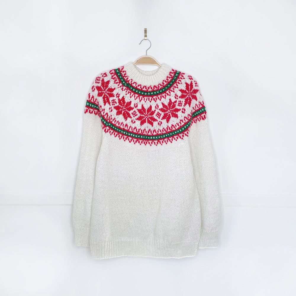 vintage hand-knit fair isle snowflake metallic crew