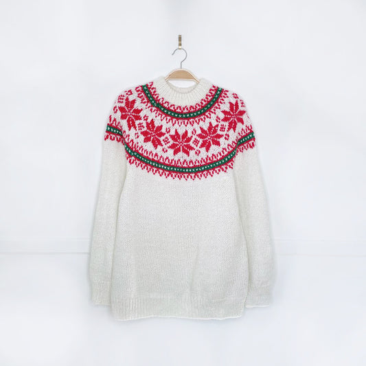 vintage hand-knit fair isle snowflake metallic crew