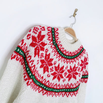 vintage hand-knit fair isle snowflake metallic crew