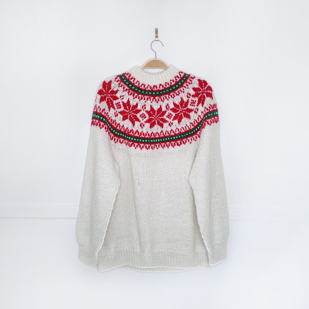 vintage hand-knit fair isle snowflake metallic crew