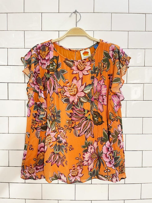 farm rio adonia floral ruffle sleeveless blouse | anthropologie - good market thrift store