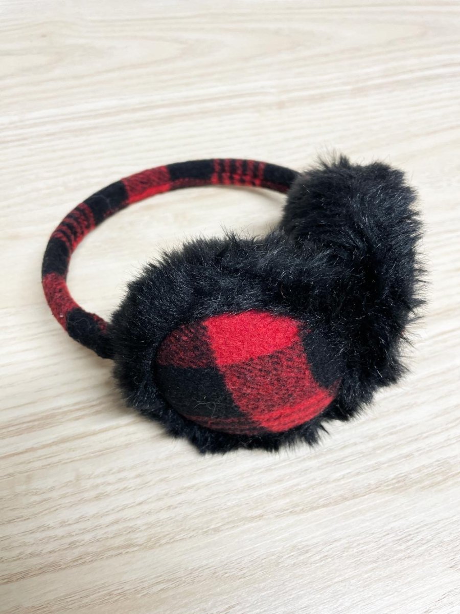 faux fur red tartan ear muffs - good market thrift store