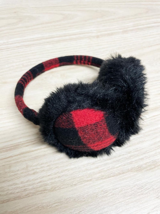 faux fur red tartan ear muffs - good market thrift store