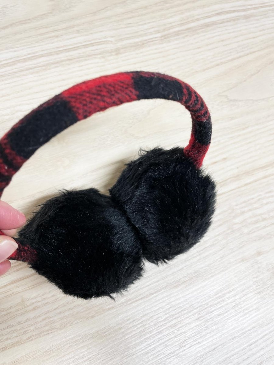 faux fur red tartan ear muffs - good market thrift store