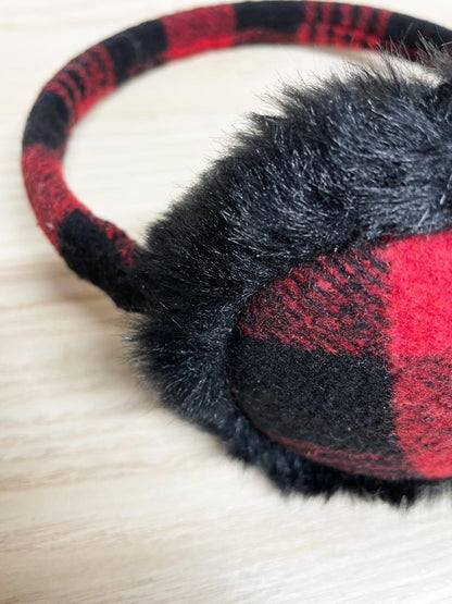 faux fur red tartan ear muffs - good market thrift store