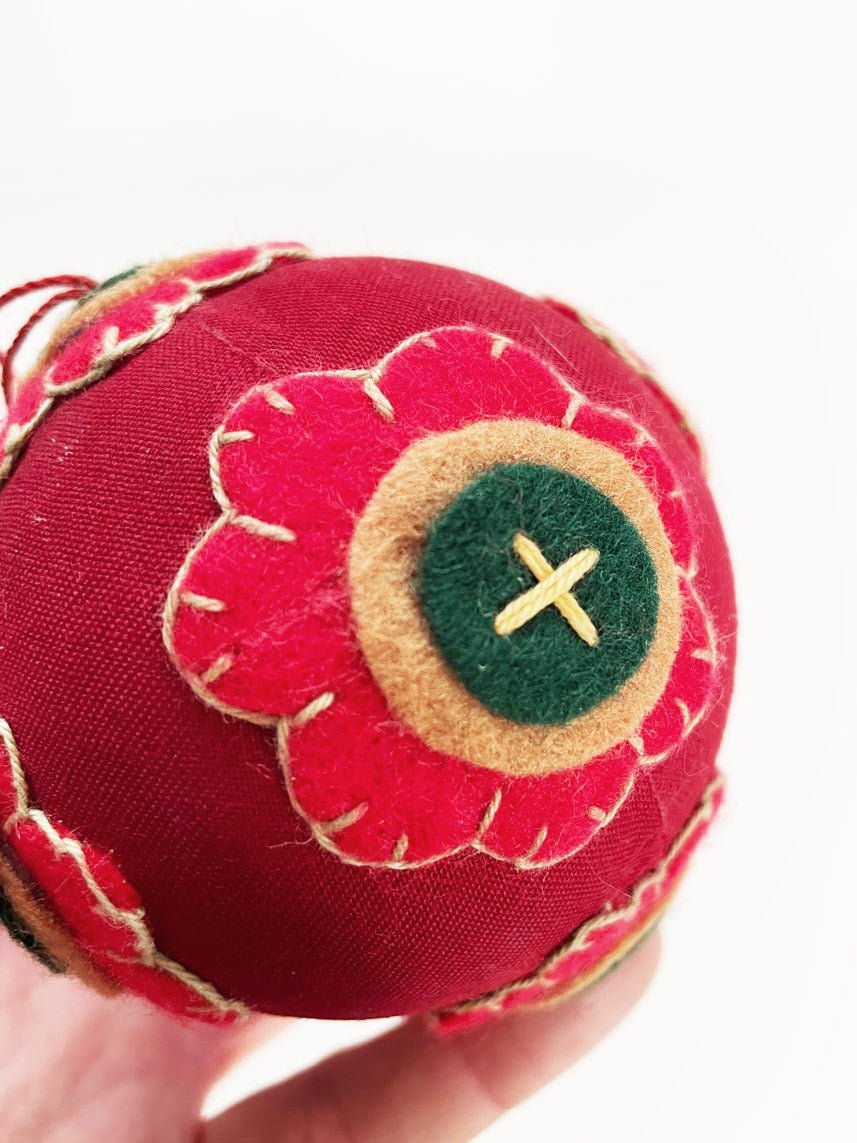 felted wool patchwork flower hand - stitched ball ornament - good market thrift store