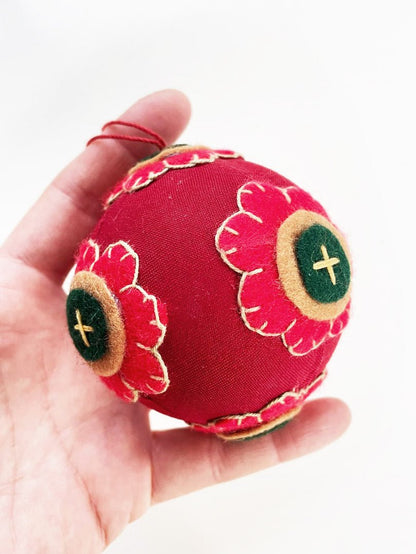 felted wool patchwork flower hand - stitched ball ornament - good market thrift store