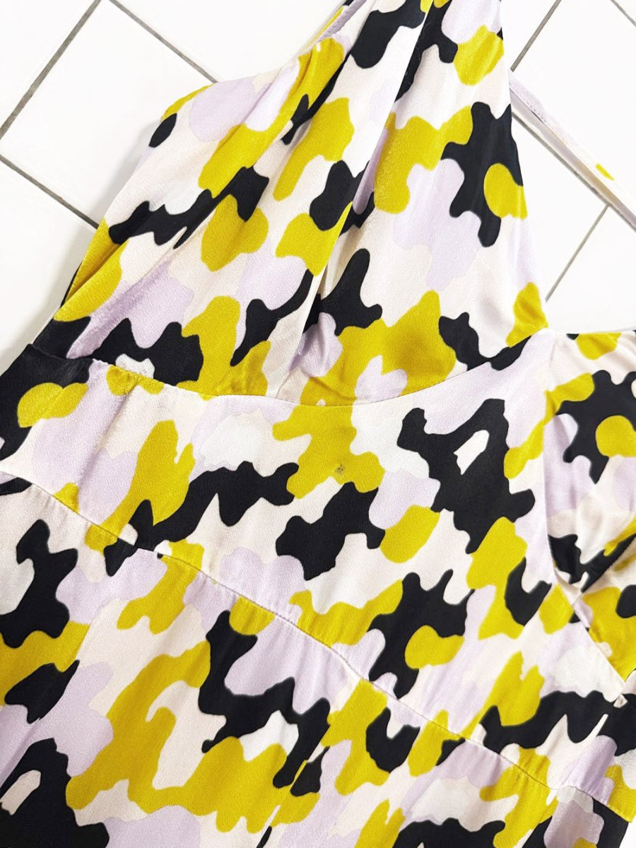 finery satin camouflage corset seam midi dress | made in Georgia - good market thrift store