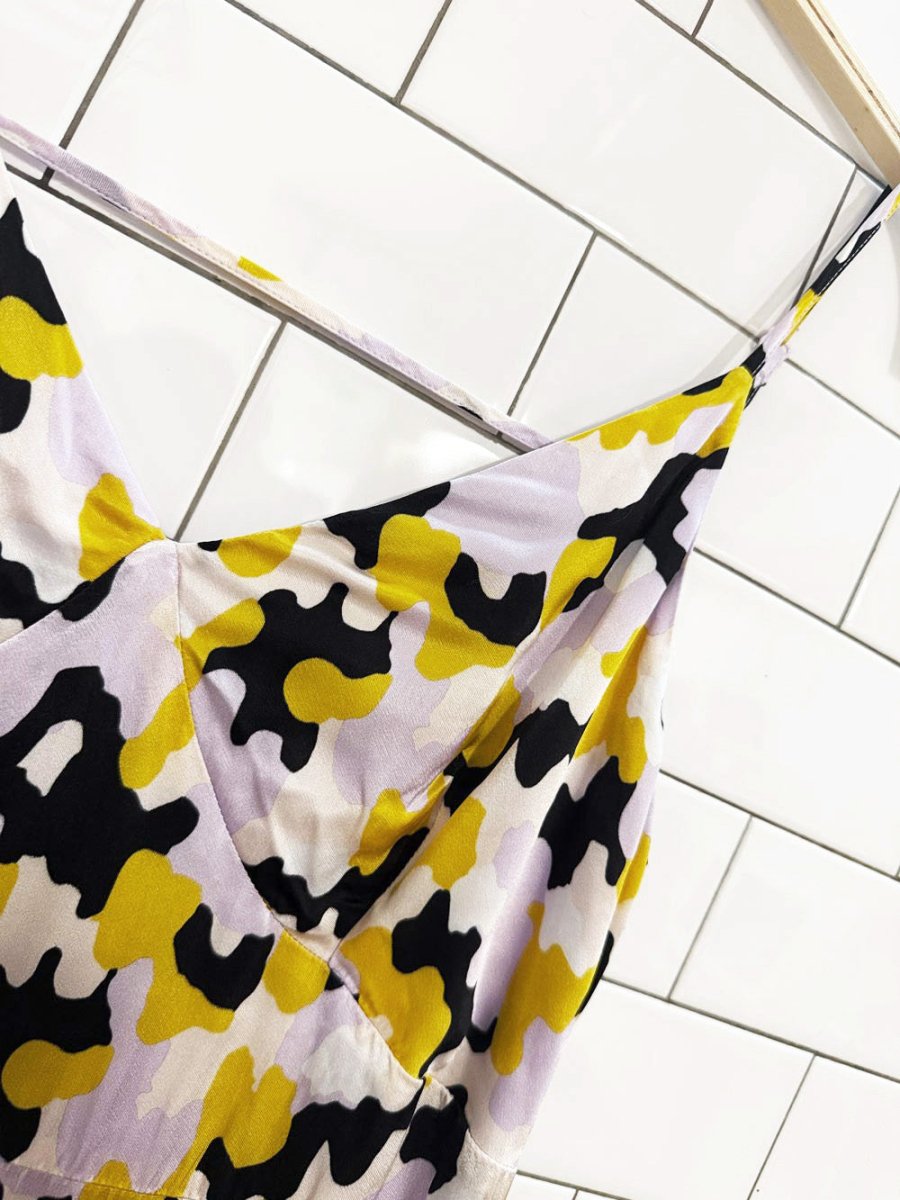 finery satin camouflage corset seam midi dress | made in Georgia - good market thrift store