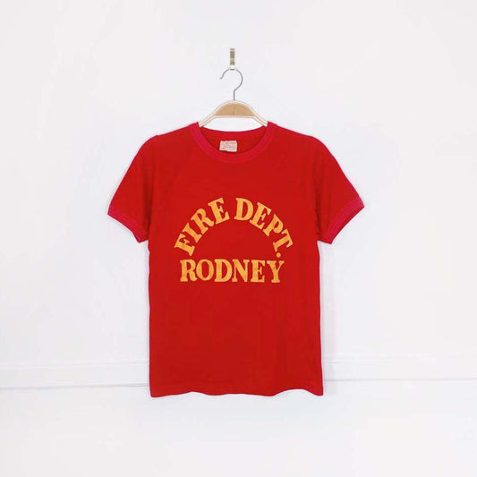 vintage 80s ruff rags rodney fire dept. ringer tee - good market thrift store