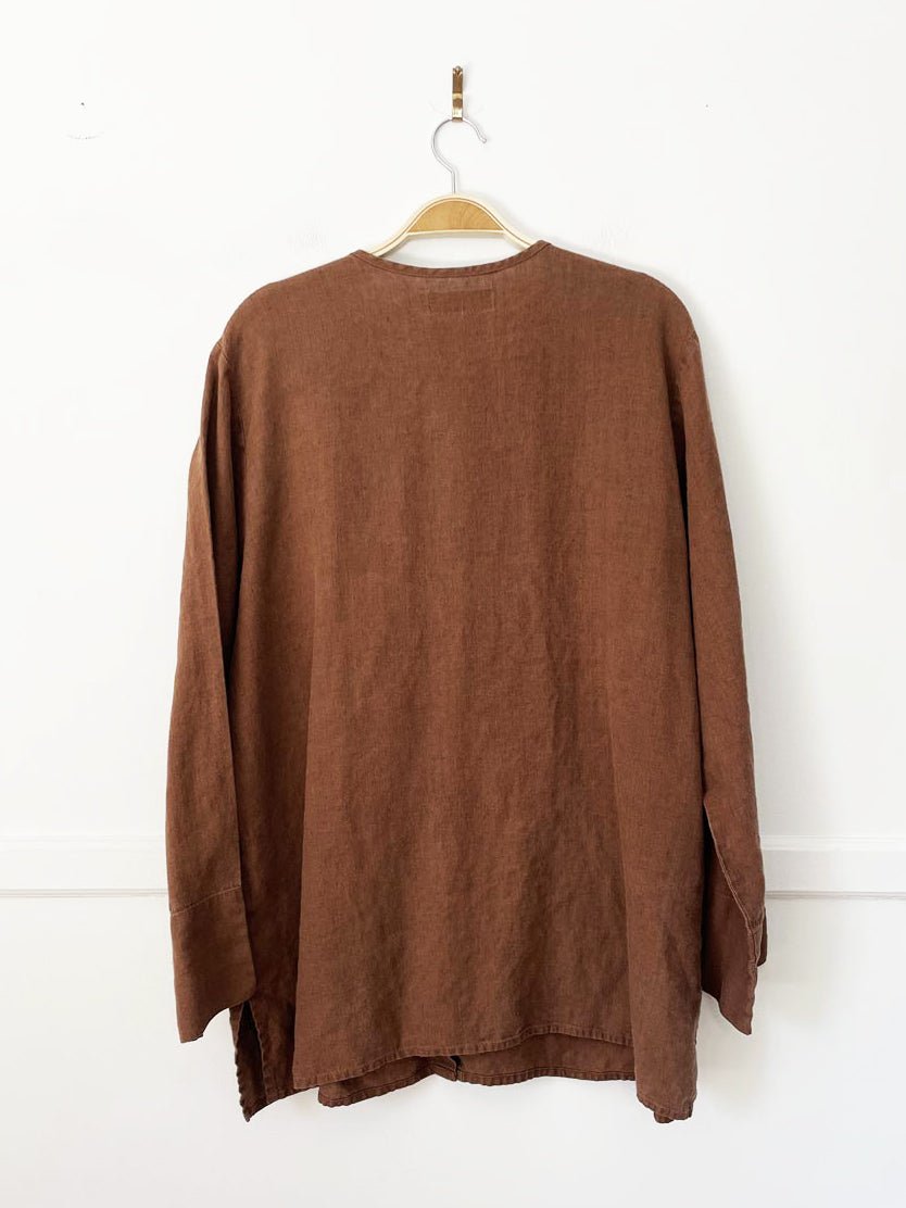 flax 100% linen full button v-neck shirt - good market thrift store