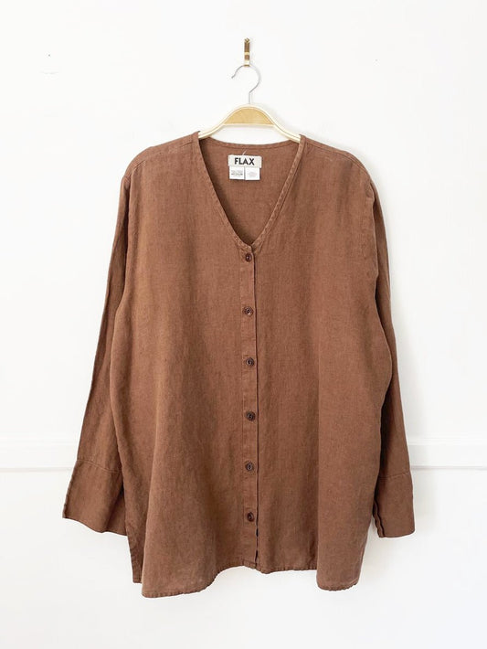 flax 100% linen full button v-neck shirt - good market thrift store