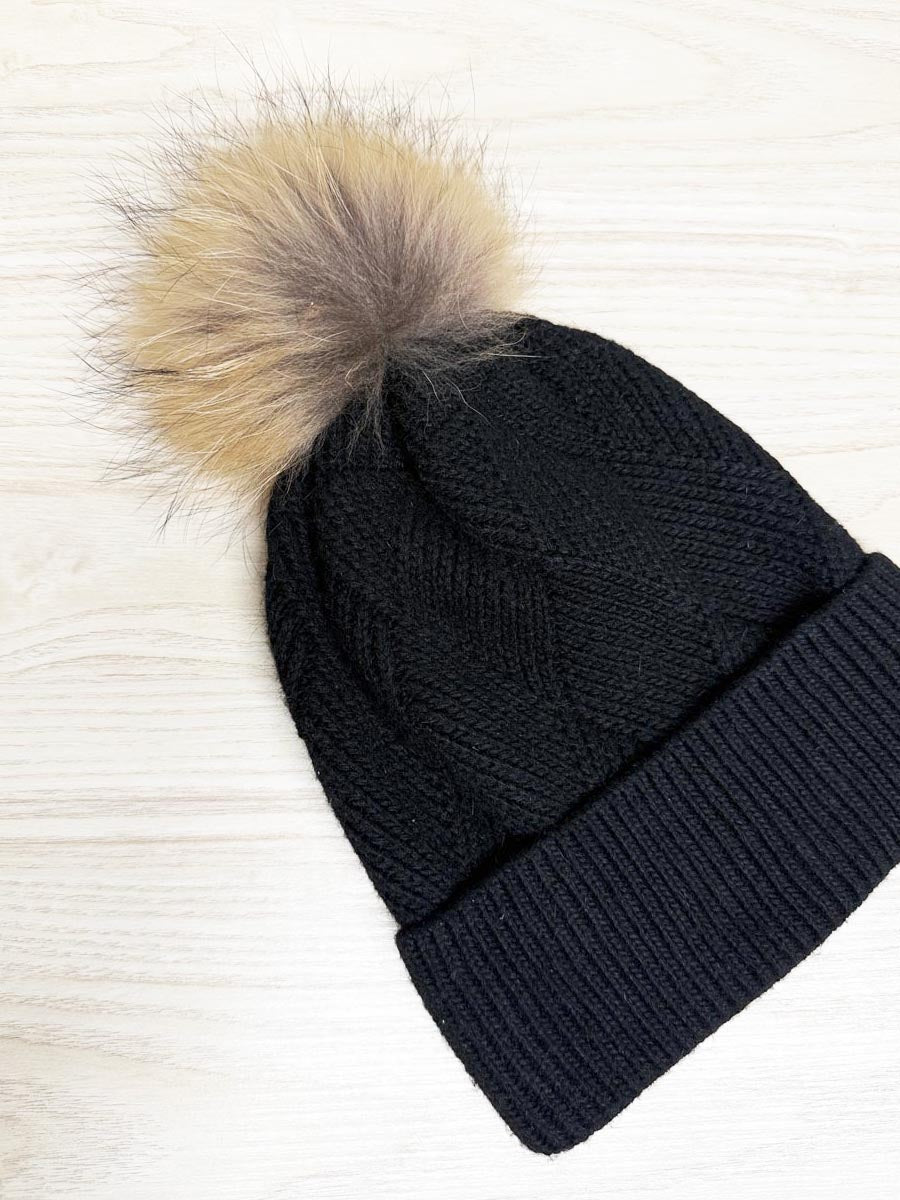 fox fur pom cable knit toque - good market thrift store