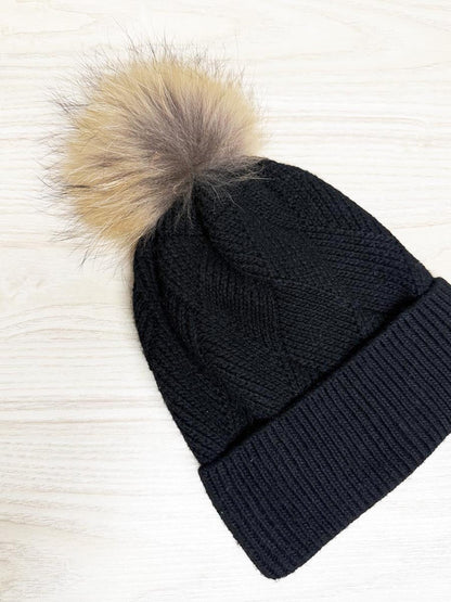 fox fur pom cable knit toque - good market thrift store
