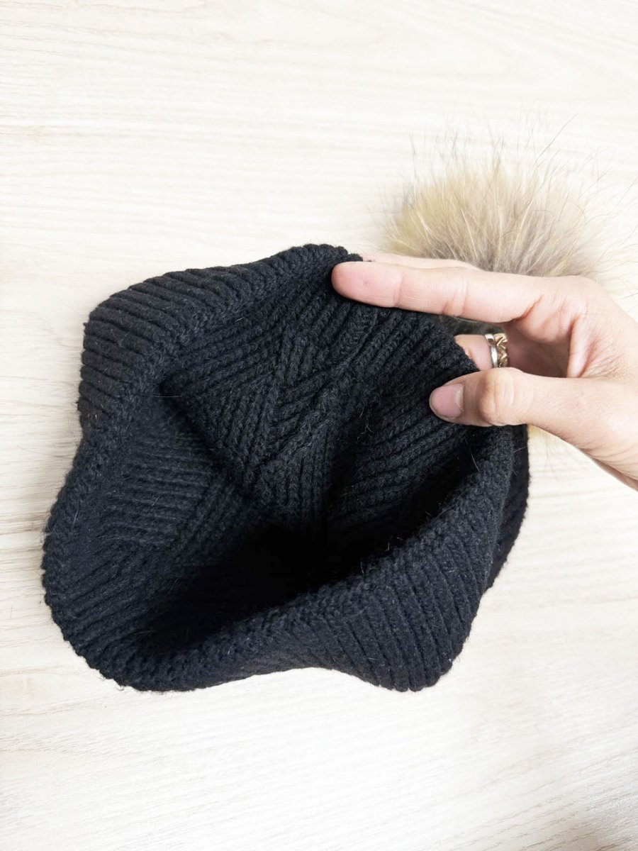 fox fur pom cable knit toque - good market thrift store