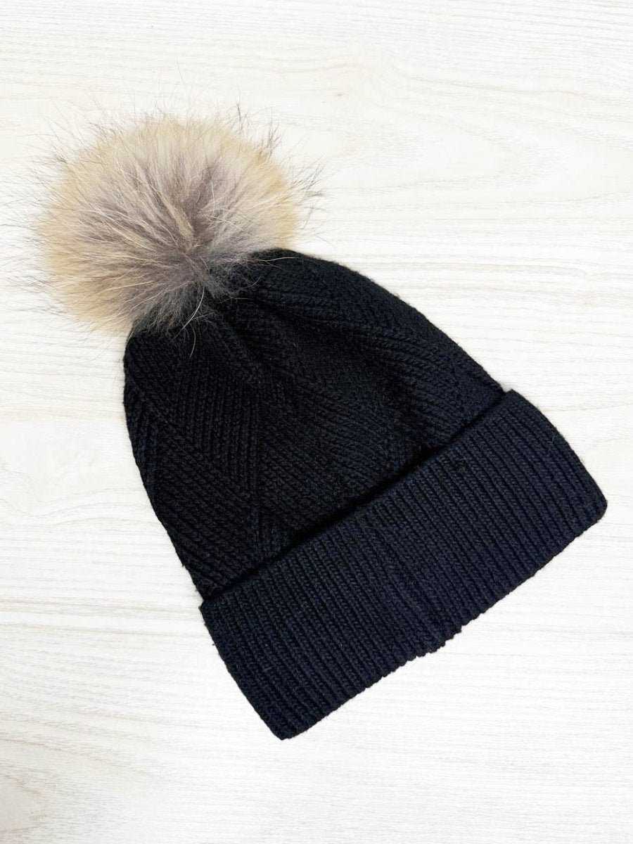 fox fur pom cable knit toque - good market thrift store