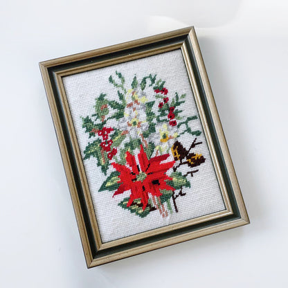 vintage 70s framed cross stitch poinsettia