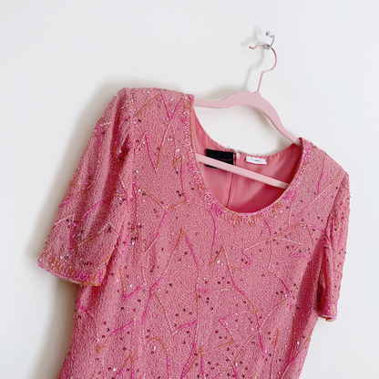 vintage frank usher pink sequin tee - size 14UK