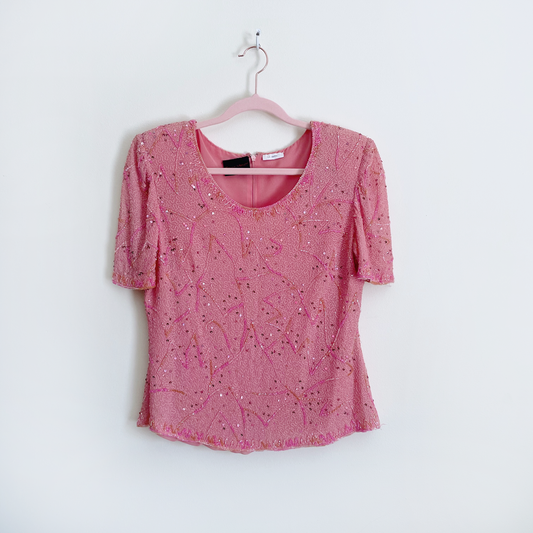 vintage frank usher pink sequin tee - size 14UK
