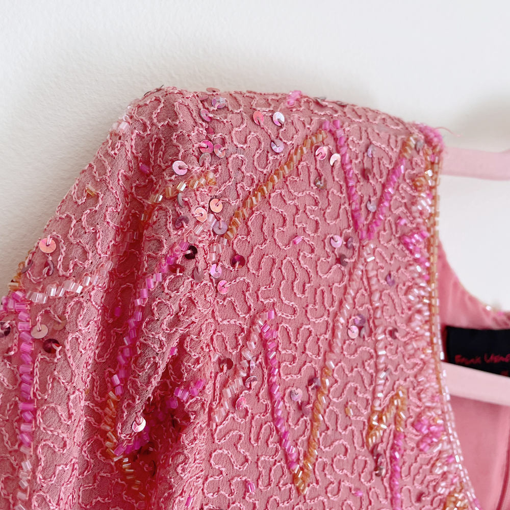 vintage frank usher pink sequin tee - size 14UK
