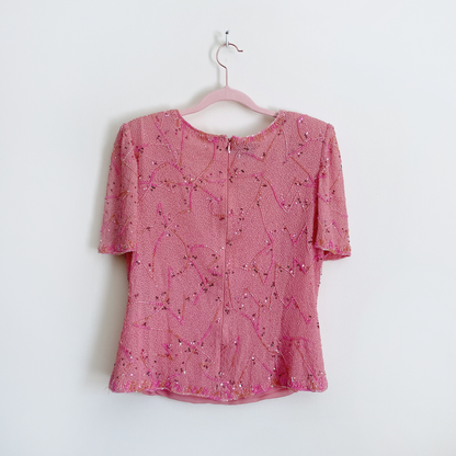 vintage frank usher pink sequin tee - size 14UK