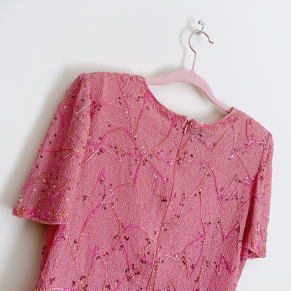vintage frank usher pink sequin tee - size 14UK