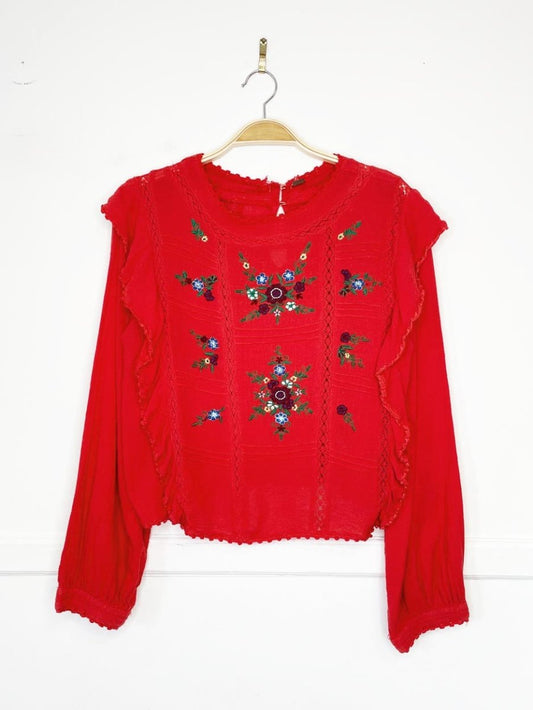 free people amy red boho floral embroidered top - good market thrift store
