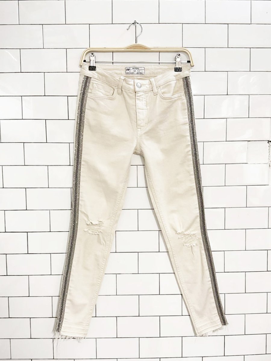 free people beaded side stripe distressed skinny jeans - good market thrift store