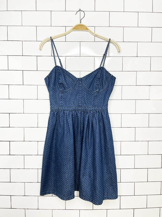 free people denim polka dot bustier country mini dress - good market thrift store