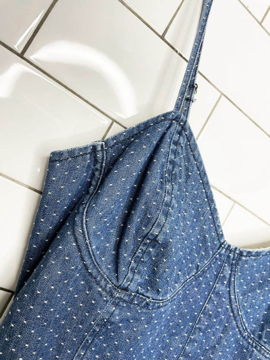 free people denim polka dot bustier country mini dress - good market thrift store