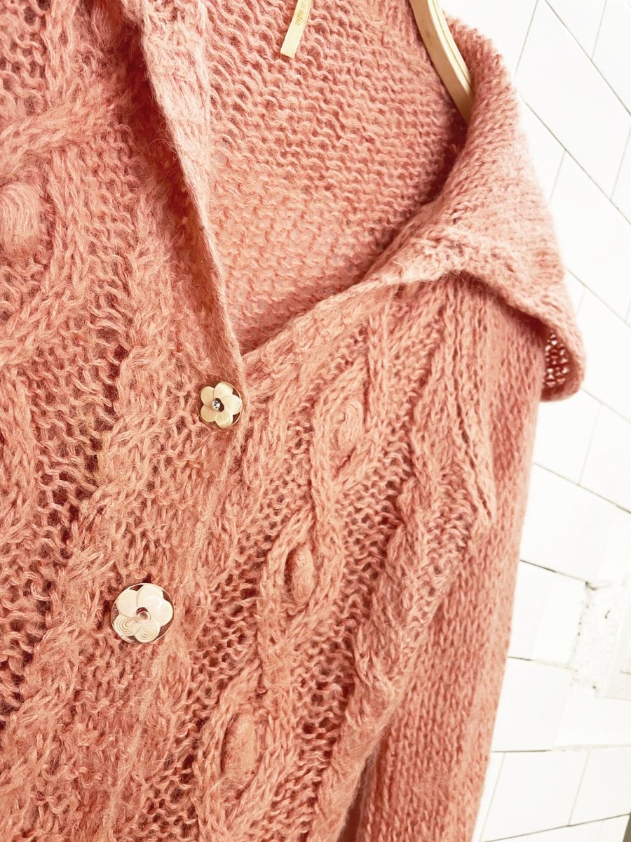 free people mohair-blend cable knit flower button cardigan - good market thrift store