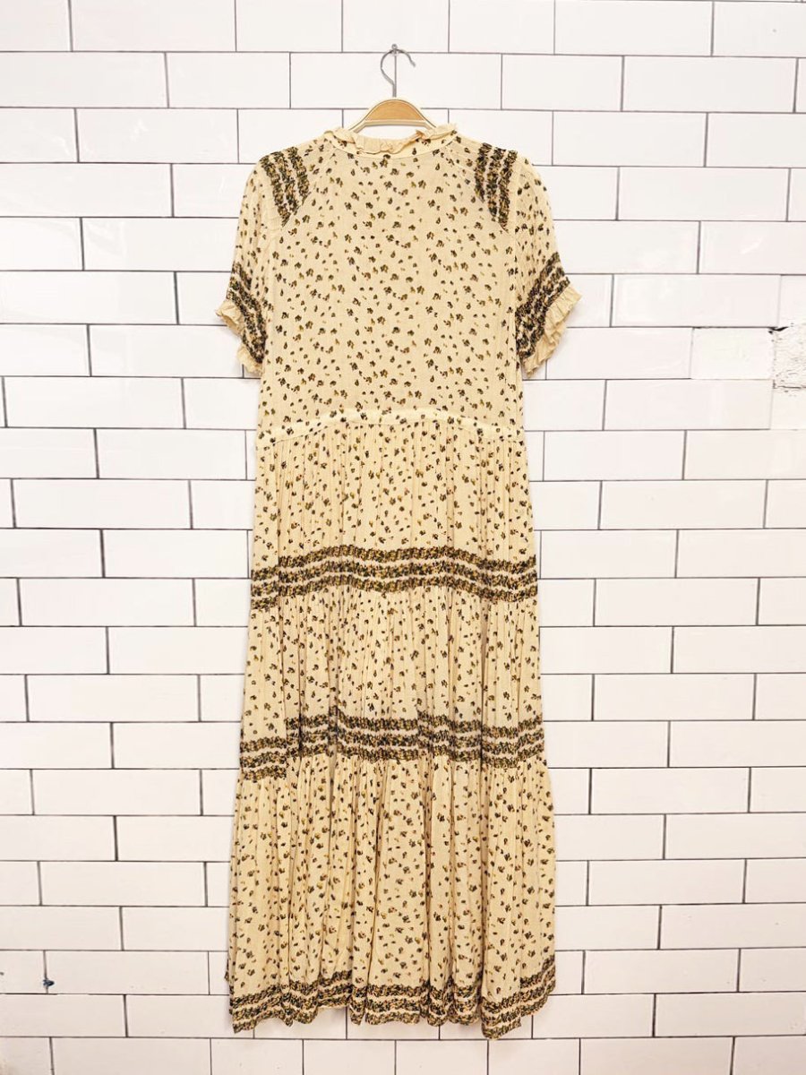 free people rare feelings pintuck ruffle trim tiered boho floral maxi dress | made in India - good market thrift store