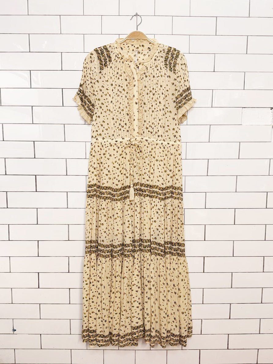 free people rare feelings pintuck ruffle trim tiered boho floral maxi dress | made in India - good market thrift store