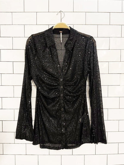 free people sheer sequin shirtee ruched full button blouse - good market thrift store