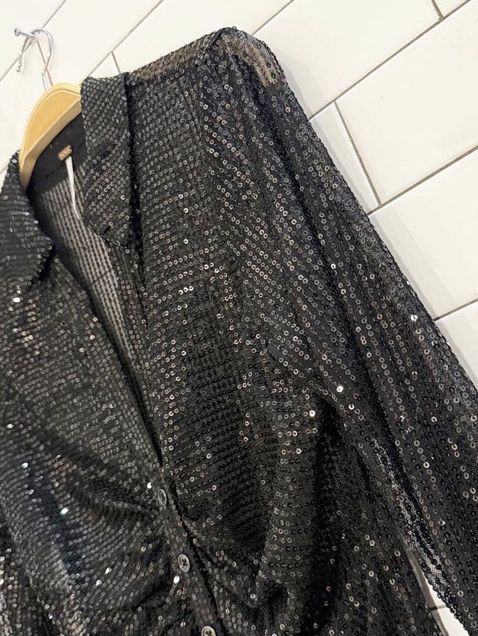 free people sheer sequin shirtee ruched full button blouse - good market thrift store