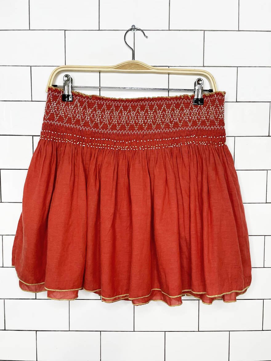 free people smocked beaded boho flowy mini skirt | lip smocking good - good market thrift store