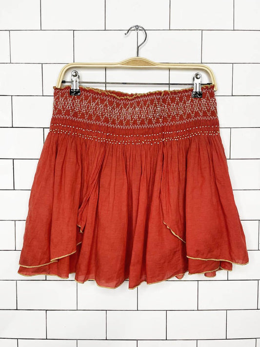free people smocked beaded boho flowy mini skirt | lip smocking good - good market thrift store