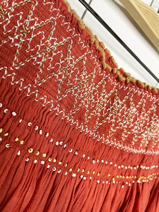 free people smocked beaded boho flowy mini skirt | lip smocking good - good market thrift store
